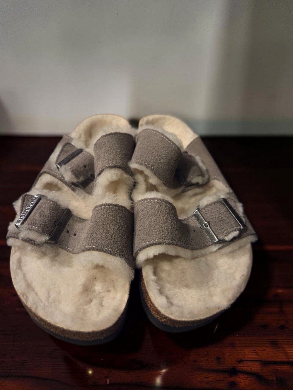 Birkenstock Taupe Arizona Suede Double-Strap Shearling Sandals Like New